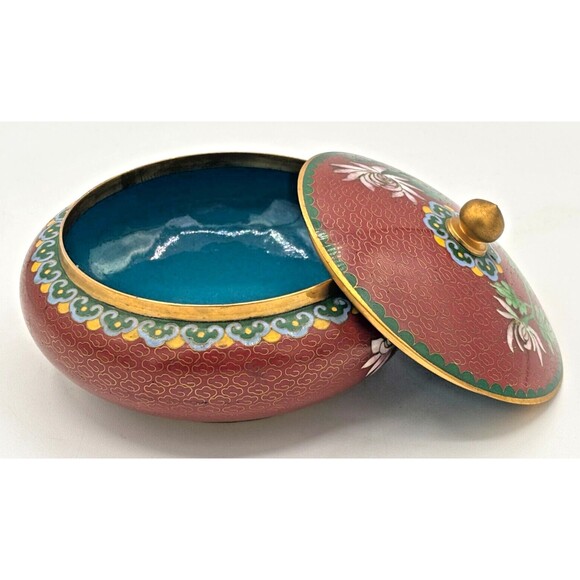 Vintage Chinese Cloisonné Enamel on Bronze Lidded Bowl Trinket Dish Floral Teal - Picture 7 of 16